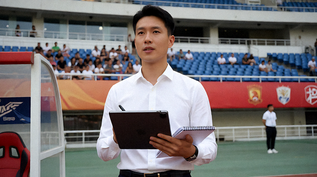 体育新闻编辑在赛场边记录赛事信息的画面